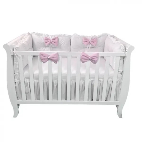 Set 4 perne aparatori super groase albe + cearsaf cu volanas si fundite 140x70 cm roz pal