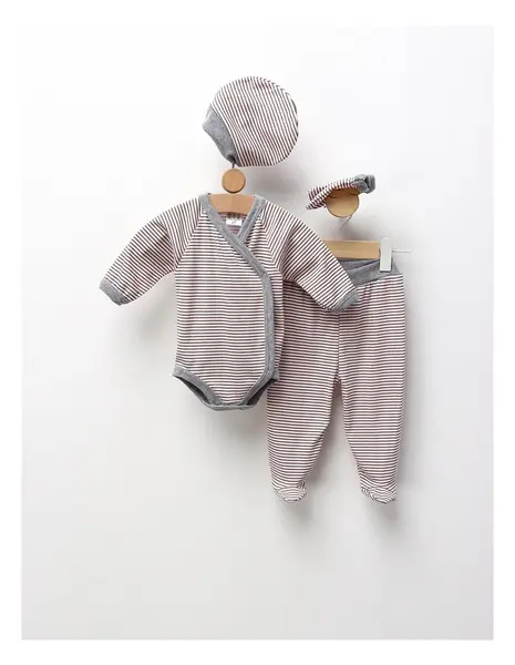 Set 4 piese bebe, cu dungute, roz-gri