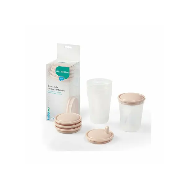 Set 4 recipiente, BabyOno, Pentru stocarea laptelui matern sau a hranei, 200 ml, Fara BPA, Contin capace, Transparent