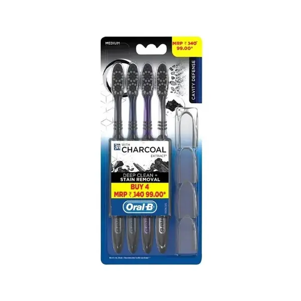 Set 4x Periute de Dinti cu Capace, Oral-B, Cavity Defense, cu Carbune Activ, Efect Albirea Dintilor, Soft