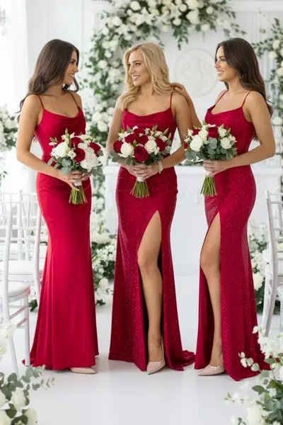Set 4x Rochie lunga de seara Astoria Blink, cu pietre, Rosu, Marime S/M