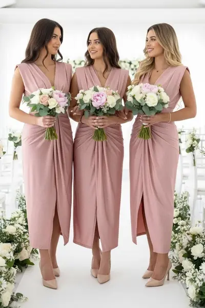 Set 4x Rochie lunga de seara JHOSY, cu paiete, Roz Pudrat, Marime S/M