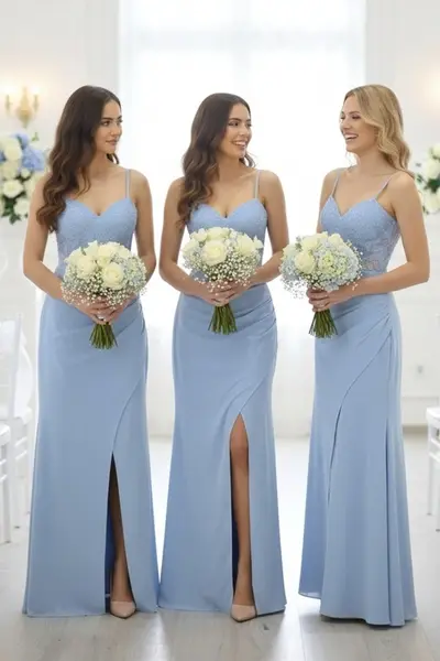Set 4x Rochie lunga de seara Serelya, cu cristale, Baby Blue, Marimea M
