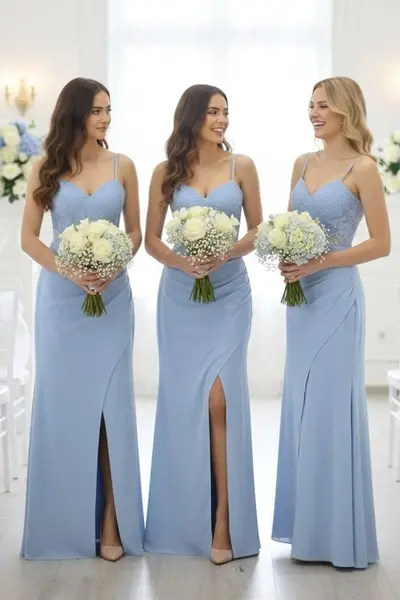 Set 4x Rochie lunga de seara Serelya, cu dantela, Baby Blue, Marimea L