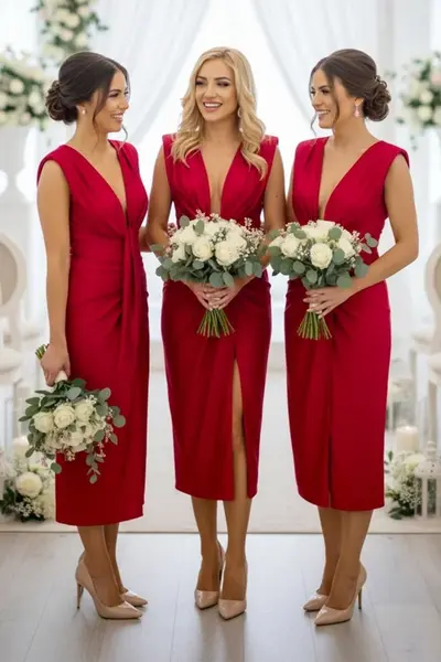 Set 4x Rochie lunga satinata Ilaria, cu crapatura pe picior, Rosu, Marime S/M
