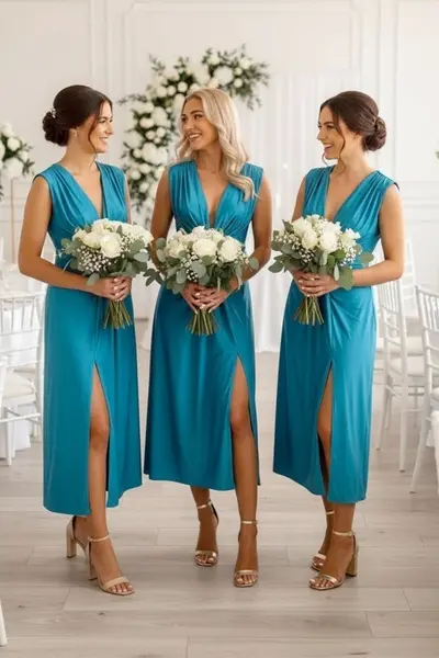 Set 4x Rochie lunga satinata Ilaria, cu crapatura pe picior, Turquoise, Marime S/M