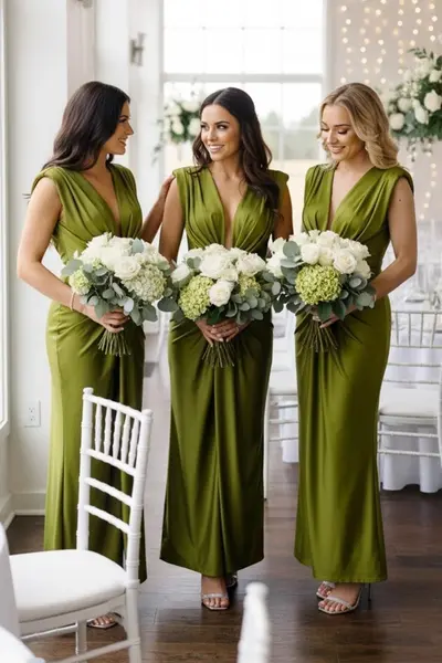 Set 4x Rochie lunga satinata Ilaria, cu croiala conica, Verde olive, Marime S/M