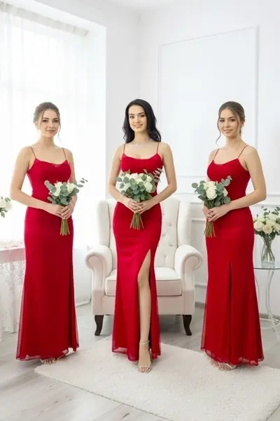 Set 4x Rochie lunga satinata MaryVelle, cu corset, Rosu, Marime S/M