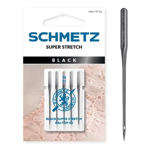 Set 5 ace de cusut Black, materiale delicate elastice, finete 75, Schmetz HAX1 SP SU VMS