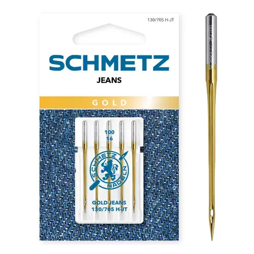 Set 5 ace de cusut, Gold Jeans, finete 100, Schmetz 130/705 H-JT VES