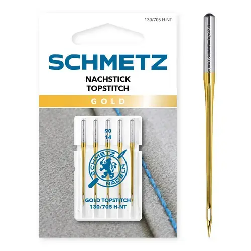 Set 5 ace Gold Topstitch pentru Quilting, finete 90, Schmetz 130/705 H-NT VDS