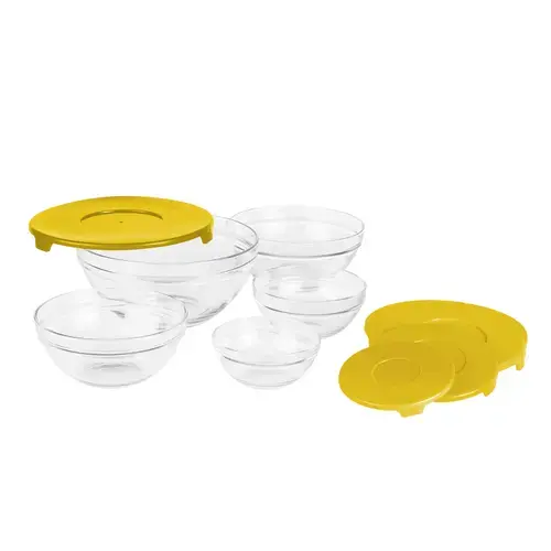 Set 5 boluri Vanora, cu capac, sticla, Galben