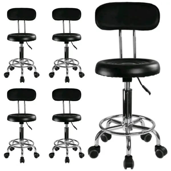 Set 5 buc - Scaun hidraulic, Spatar si roti, Negru, Taburet rotativ, Pentru salon cosmetica, Piele eco, Suport picioare