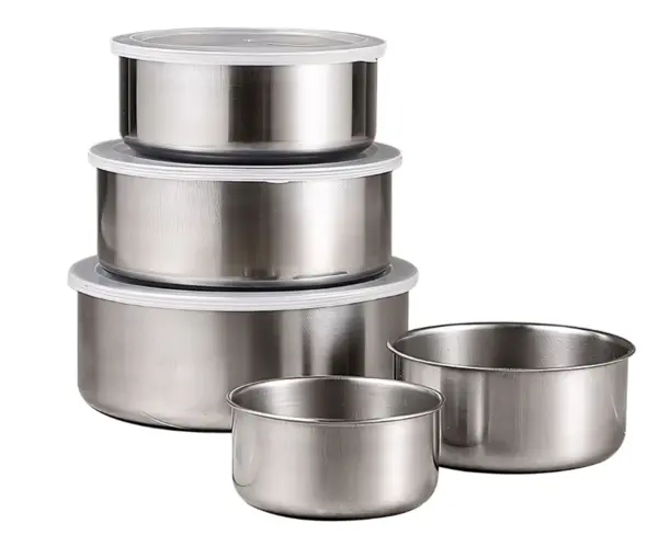Set 5 caserole din Inox prevazute cu capace din plastic transparent