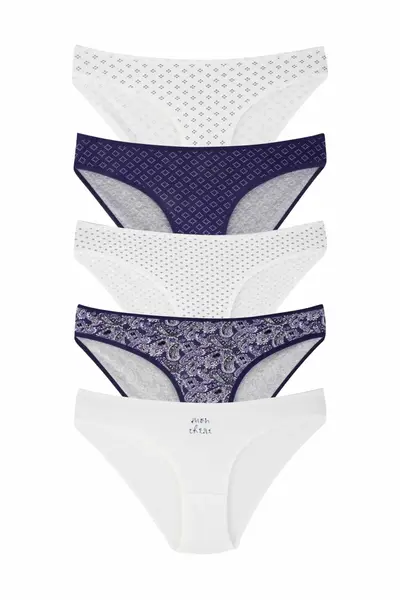 Set 5 perechi de chiloti din bumbac, pentru dama, 33500, Alb/Albastru