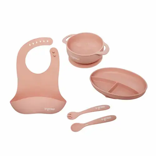Set 5 piese silicon U-Grow UG-SET2PK, baveta, bol, farfurie, lingurita si furculita