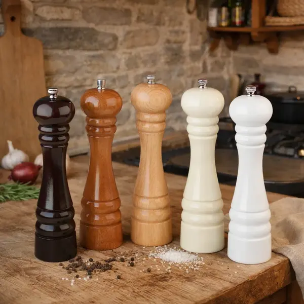 Set 5 rasnite din lemn pentru sare si piper, 18 cm