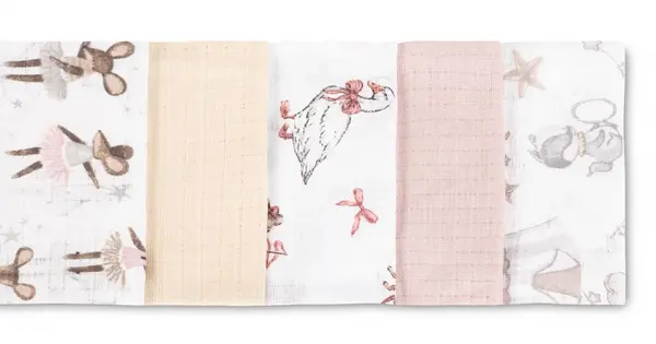 Set 5 scutece multifunctionale Sensillo Mouse Pink 70x80 cm din muselina 100 bumbac,suprafata texturata,moale si absorbanta
