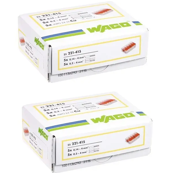 Set 50 bucati (2 cutii) cleme cu maneta 4mm2 5 pini max.32A Wago 221-415