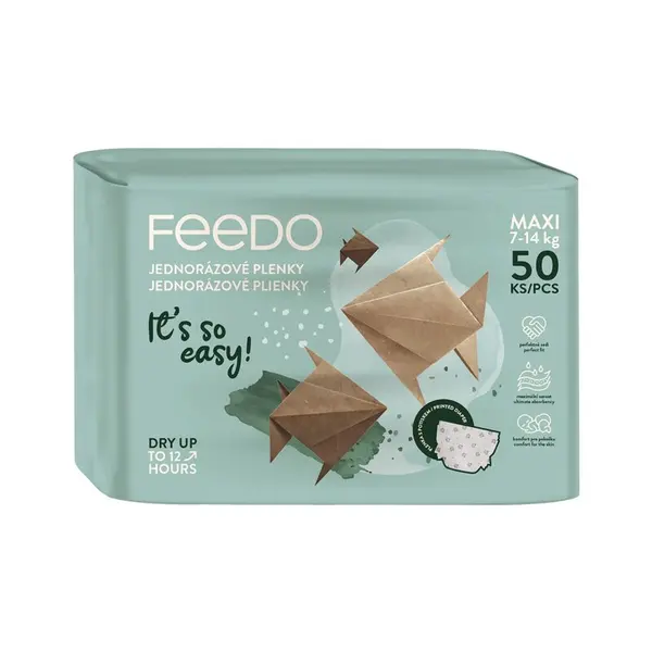 Set 50 scutece, Feedo, Maxi, De unica folosinta, Pentru 7-14 kg, 0 luni+