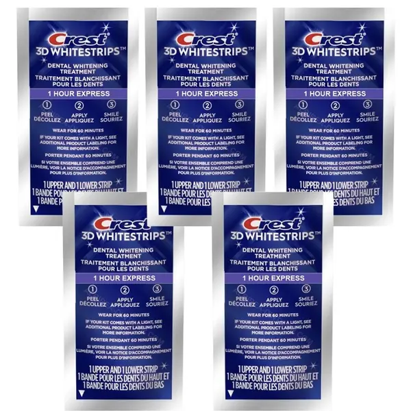 Set 5x Benzi Albirea Dintilor, Crest, 3D White, 1 Hour Express, 11% Concentratie, Tratament 5 zile, 60 min, Nivel Albire 12