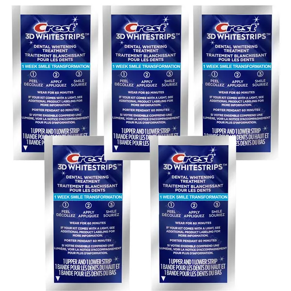 Set 5x Benzi Albirea Dintilor, Crest, 3D White, 1 Week Smile Transformation, 10% Concentratie, Tratament 5 zile, 60 min, Nivel Albire 8