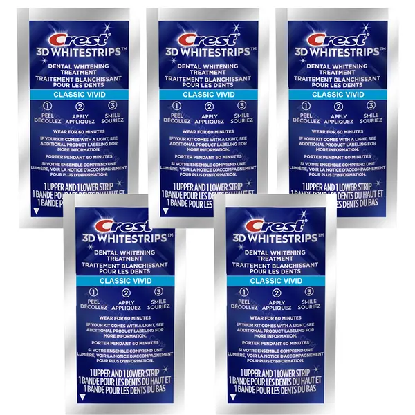 Set 5x Benzi Albirea Dintilor, Crest, 3D White, Classic Vivid, 8% Concentratie, Tratament 5 Zile, 30 min, Nivel Albire 6