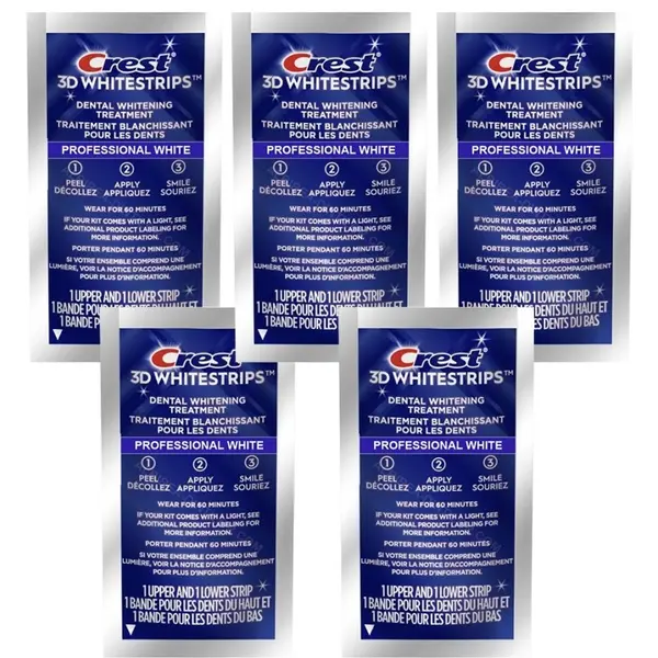 Set 5x Benzi Albirea Dintilor, Crest, 3D White, Professional White, 10% Concentratie, Tratament 5 zile, 45 min, Nivel Albire 20