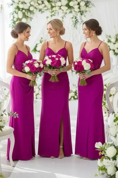 Set 5x Rochie lunga de seara Serelya, cu dantela, Magenta, Marimea M