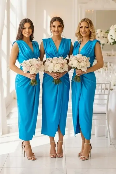 Set 5x Rochie lunga satinata Ilaria, cu decolteu adanc, Albastru baby blue, Marime S/M