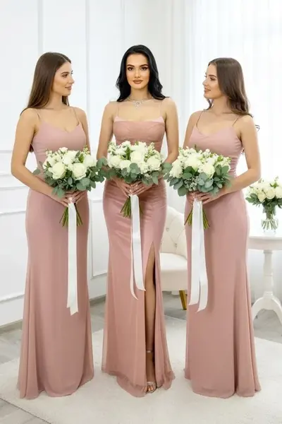 Set 5x Rochie lunga satinata MaryVelle, cu corset, Roz pudrat, Marime S/M