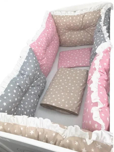 Set 6 aparatori protectii laterale patut 140x70 cm Stelute roz,bej si gri