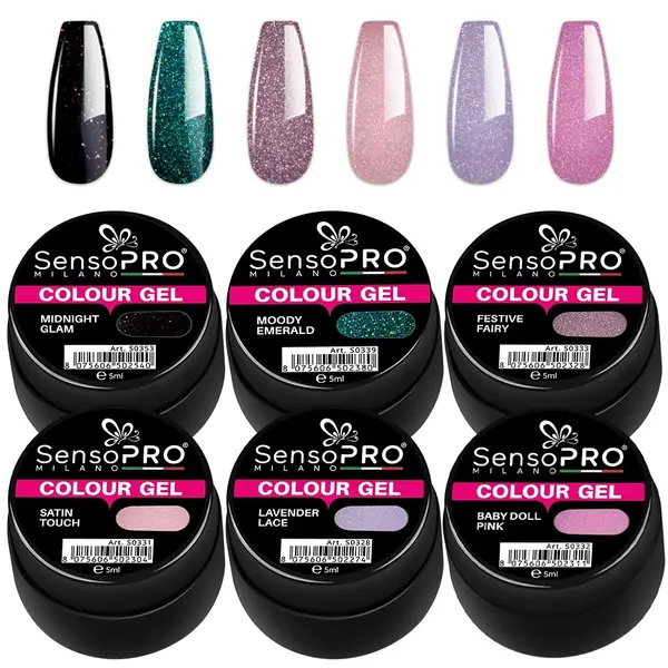 Set 6 Geluri UV Colorate Glam Sparkle, SensoPRO Milano