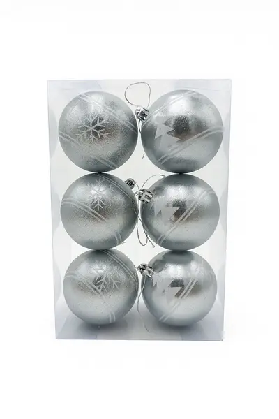 Set 6 globuri argintii texturate cu sclipici - ornamente elegante pentru bradul de Craciun, 23x15.5x7.5cm