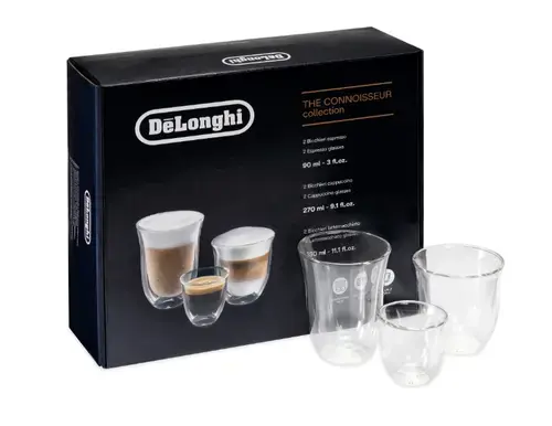 Set 6 Pahare De'Longhi Colectia Connoisseur DLSC302, 2 pahare Espresso 90 ml, 2 pahare Cappuccino 270 ml si 2 pahare Latte Macchiato 330 ml, cu pereti dubli (Transparent)