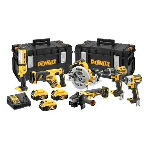 Set 6 scule electrice DeWALT DCK623P3-QW, Masina gaurit si insurubat DeWALT DCD796, Masina insurubat cu impact DeWALT DCF887, Fierastrau circular DeWALT DCS570, Fierastrau alternativ DeWALT DCS367, Polizor DeWALT DCG405, Lanterna cu cap pivotant DeWALT D