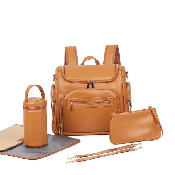 Set 7 piese Rucsac pentru mamici din piele ecologica + Geanta cosmetica + Salteluta pliabila + Bretele pentru atasarea la carucior + Curea de umar + Suport termoizolant, maro, 3 modalitati de purtare, impermeabil