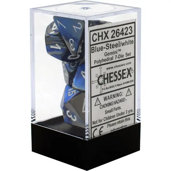 Set 7 Zaruri Chessex Gemini Polyhedral - Albastru-Otel/Alb