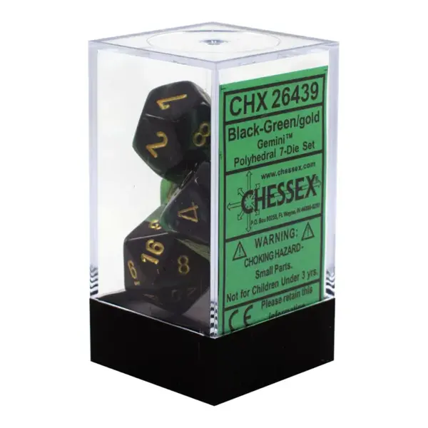 Set 7 Zaruri Chessex Gemini Polyhedral - Negru-Verde/Auriu
