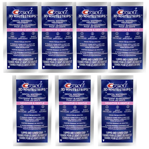 Set 7x Benzi Albirea Dintilor, Crest, 3D White, Sensitive and Gentle, 8% Concentratie, Tratament 7 zile, 30 min, Nivel Albire 10