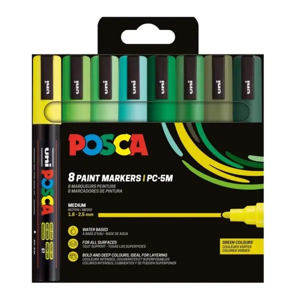Set 8 markere cu vopsea Posca PC-5M varf rotund 1.8-2.5mm, nuante de verde