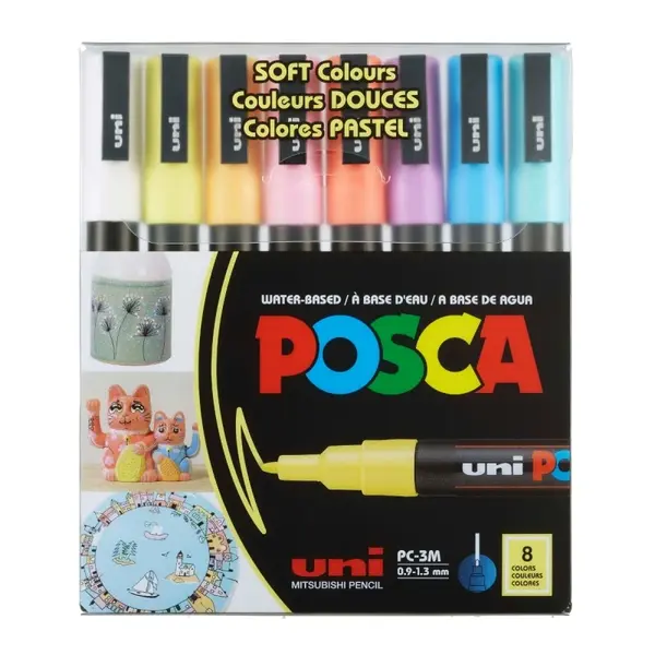 Set 8 Markere POSCA PC-3M , Culori Pastelate, Varf Rotund Fin 0.9, 1.3 mm