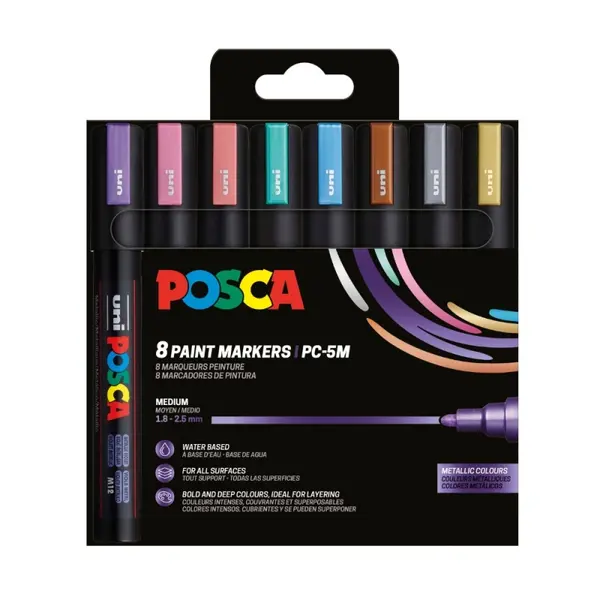 Set 8 markere UNI Posca PC-5M, varf rotund 1.8, 2.5 mm , culori metalizate