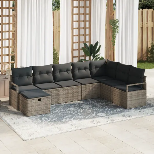 Set 8 piese canapea de gradina cu perne gri ratan polimer, canapea de gradina cu 2 locuri cu spatiu de stocare & perne gri ratan polimer