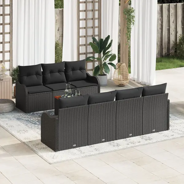 Set 8 piese canapea gradina cu perne negru poliratan acacia, sofa gradina 2 locuri cu perne negru poliratan