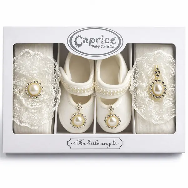 Set Alb Fetițe 3 Piese – Botoșei, Bentiță și Dresuri Elegante - Modelul Cerc