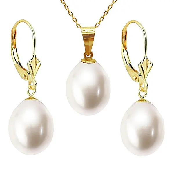 Set Aur Galben de 14k cu Perle Naturale Premium Albe, Rare, Forma Lacrima, de 12 9 mm KASKADDA