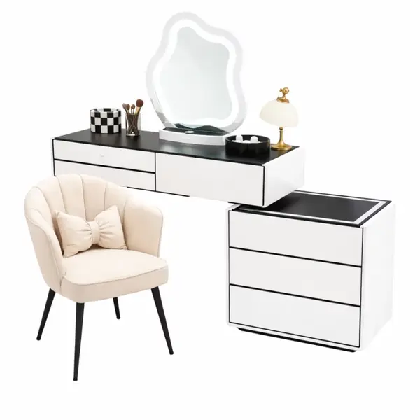 Set AURORA & PEARL &ndash; măsuță de machiaj cu oglindă LED și scaun confortabil 120x40x120