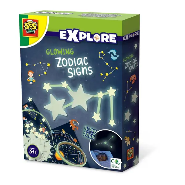 Set autocolante fosforescente cu semne zodiacale pentru copii, 87 piese