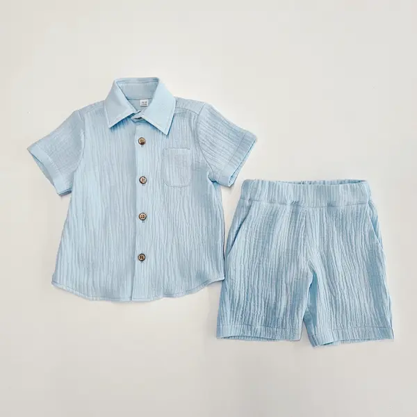 Set baieti albastru camasa cu pantaloni scurti din muselina - 104